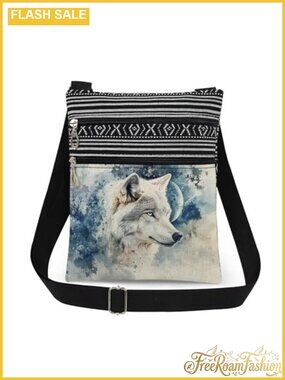 Polyester Crossbody Bag Adjustable Unisex Shoulder Bag Wolf Print